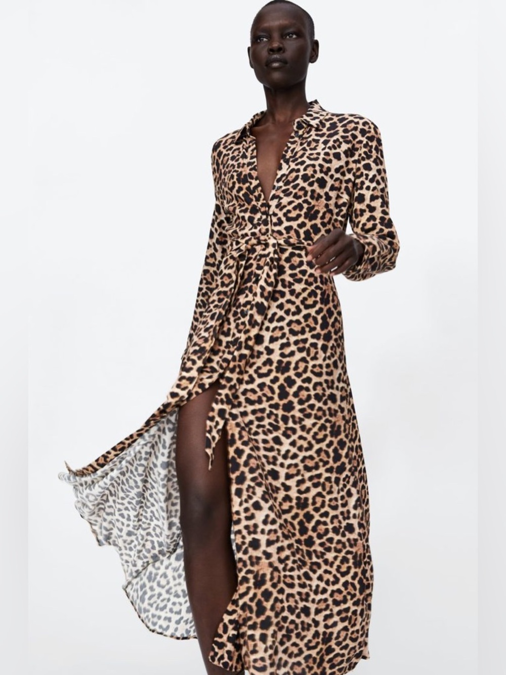 Zara Long Sleeve Leopard Print Shirt Dress - Tan, Black